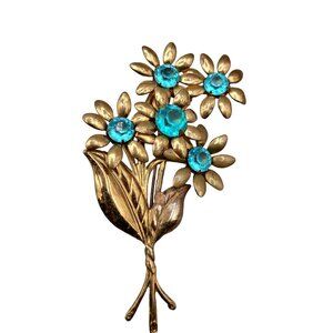 Unsigned Early Miriam Haskell Flower Brooch Floral Bunch Blue Rhinestones